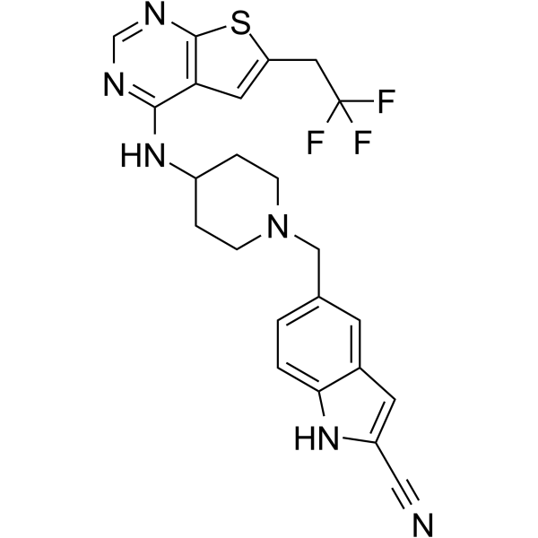 5-((4-((6-(2,2,2-trifluoroethyl)thieno[2,3-d]pyrimidin-4-yl)amino)piperidin-1-yl)methyl)-1H-indole-2-carbonitrile