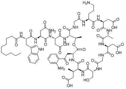 N-decanoyl-L-tryptophyl-L-asparaginyl-N-[(3S,6S,9R,15S,18R,21S,24S,30S,31R)-3-[2-(2-aminophenyl)-2-oxoethyl]-24-(3-aminopropyl)-15,21-bis(carboxymethyl)-6-[(1R)-2-carboxy-1-methylethyl]-9-(hydroxymethyl)-18,31-dimethyl-2,5,8,11,14,17,20,23,26,29-decaoxo-1-oxa-4,7,10,13,16,19,22,25,28-nonaazacyclohentriacontan-30-yl]-L-alpha-asparagine