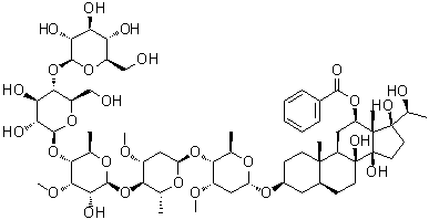 Pregnane-8,12,14,17,20-pentol, 3-[(O-β-D-glucopyranosyl-(1→4)-O-β-D-glucopyranosyl-(1→4)-O-6-deoxy-3-O-methyl-β-D-allopyranosyl-(1→4)-O-2,6-dideoxy-3-O-methyl-β-D-arabino-hexopyranosyl-(1→4)-2,6-dideoxy-3-O-methyl-β-D-ribo-hexopyranosyl)oxy]-, 12-benzoate, (3β,5α,12β,14β,17α,20S)- (9CI)