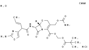 [(2,2-dimethylpropanoyl)oxy]methyl (6R,7R)-7-{[(2Z)-2-(2-amino-1,3-thiazol-4-yl)pent-2-enoyl]amino}-3-[(carbamoyloxy)methyl]-8-oxo-5-thia-1-azabicyclo[4.2.0]oct-2-ene-2-carboxylate hydrochloride hydrate