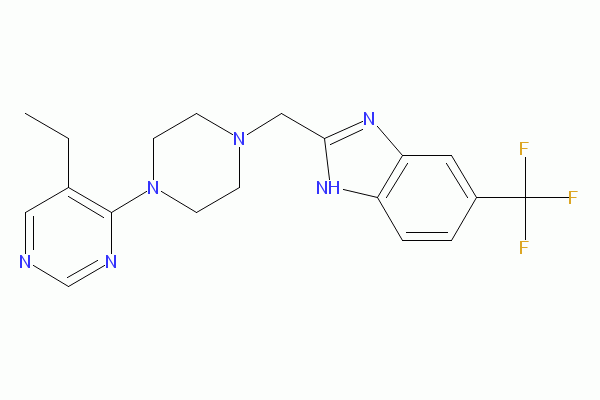 2-[[4-(5-Ethyl-4-pyrimidinyl)-1-piperazinyl]methyl]-6-(trifluoromethyl)-1H-benzimidazole                                           PF-4708671
