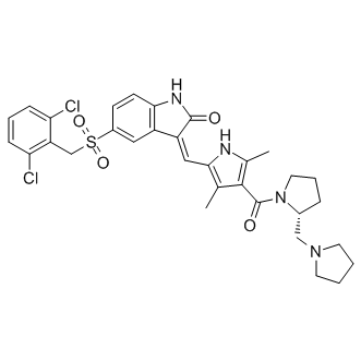 (3Z)-5-[(2,6-dichlorobenzyl)sulfonyl]-3-[(3,5-dimethyl-4-{[(2R)-2-(pyrrolidin-1-ylmethyl)pyrrolidin-1-yl]carbonyl}-1H-pyrrol-2-yl)methylidene]-1,3-dihydro-2H-indol-2-one