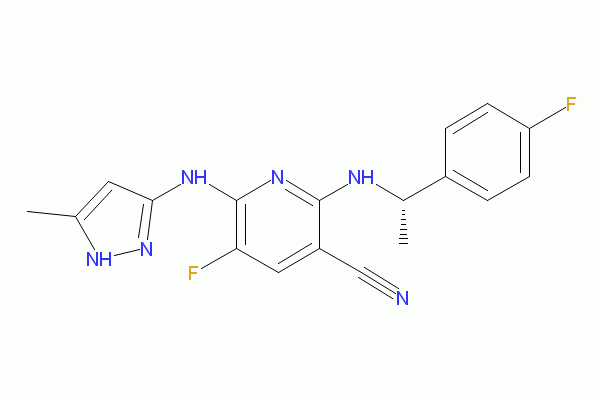 5-Fluoro-2-[[(1S)-1-(4-fluorophenyl)ethyl]amino]-6-[(5-methyl-1H-pyrazol-3-yl)amino]-3-pyridinecarbonitrile                                     AZ 960