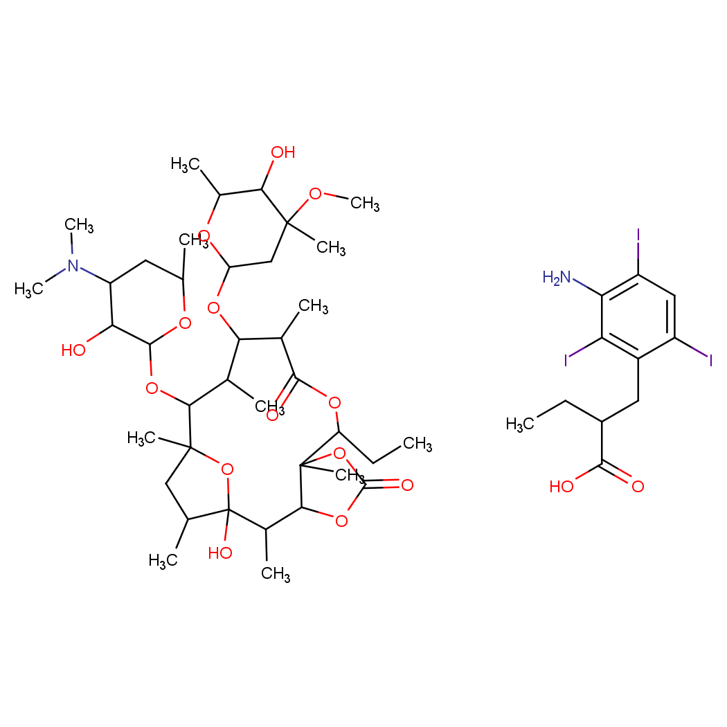 Erythromycin, 9-deoxo-6,9-epoxy-9-hydroxy-, cyclic 11,12-carbonate, (9S)-, 3-amino-2,4,6-triiodo-alpha-ethylbenzenepropanoate (salt)