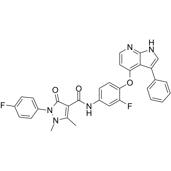 N-(3-fluoro-4-((3-phenyl-1H-pyrrolo[2,3-b]pyridin-4-yl)oxy)phenyl)-2-(4-fluorophenyl)-1,5-dimethyl-3-oxo-2,3-dihydro-1H-pyrazole-4-carboxamide.