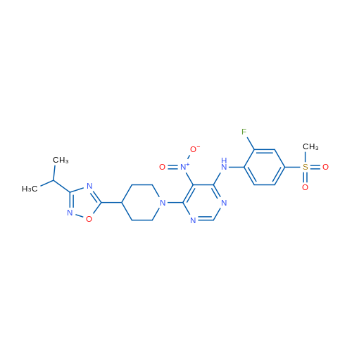 4-Pyrimidinamine, N-[2-fluoro-4-(methylsulfonyl)phenyl]-6-[4-[3-(1-methylethyl)-1,2,4-oxadiazol-5-yl]-1-piperidinyl]-5-nitro-