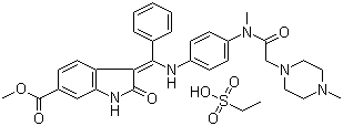 Intedanib尼达尼布乙烷磺酸盐(3Z)-2,3-Dihydro-3-[[[4-[methyl[2-(4-methyl-1-piperazinyl)acetyl]amino]phenyl]amino]phenylmethylene]-2-oxo-1H-indole-6-carboxylic acid methyl ester ethanesulfonate