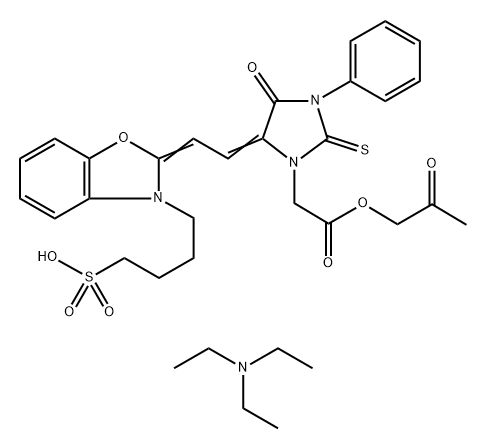 4-[(2Z)-2-[(2E)-2-[5-氧代-3-[2-氧代-2-(2-氧代丙氧基)乙基]-1-苯基-2-磺酰亚亚咪唑烷-4-亚基亚基亚]亚乙基]-1,3-苯并恶唑-3-基]丁烷-1-磺酸盐