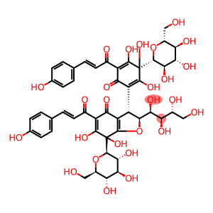 4(2H)-Benzofuranone, 7-β-D-glucopyranosyl-3-[3-β-D-glucopyranosyl-2,3,4-trihydroxy-5-[(2E)-3-(4-hydroxyphenyl)-1-oxo-2-propenyl]-6-oxo-1,4-cyclohexadien-1-yl]-3,7-dihydro-6,7-dihydroxy-5-[(2E)-3-(4-hydroxyphenyl)-1-oxo-2-propenyl]-2-[(1S,2R,3R)-1,2,3,4-tetrahydroxybutyl]-, (2S,3S)-