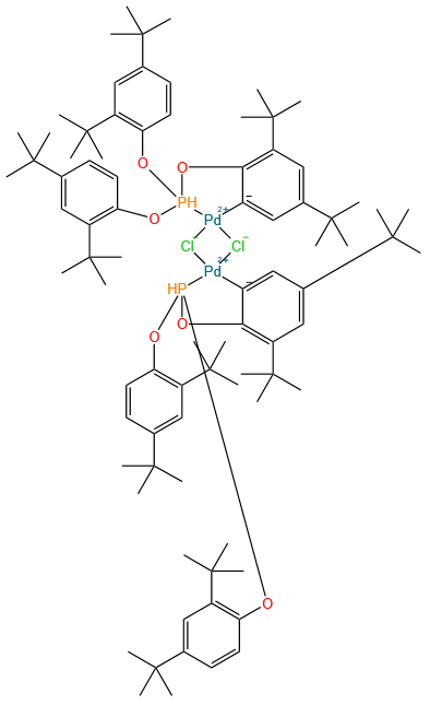 di-chlorobis(tri(2,4-di-tert-butylphenyl)phosphite-2-C,P)dipalladium(II)  Suzuki  and  Stille  couplings  of  aryl  bromides  and  iodides.